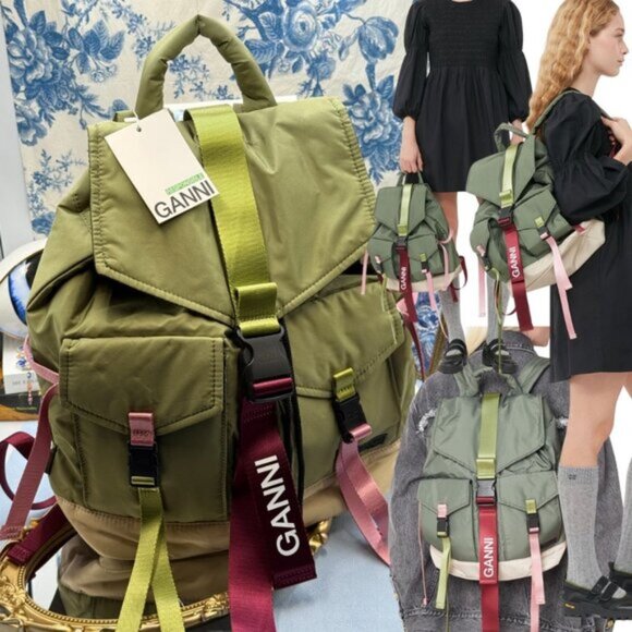 🆕 GANNI 🧿 NWT Recycled Tech Backpack, Kalamata Green & Purple / Pink - Picture 1 of 14